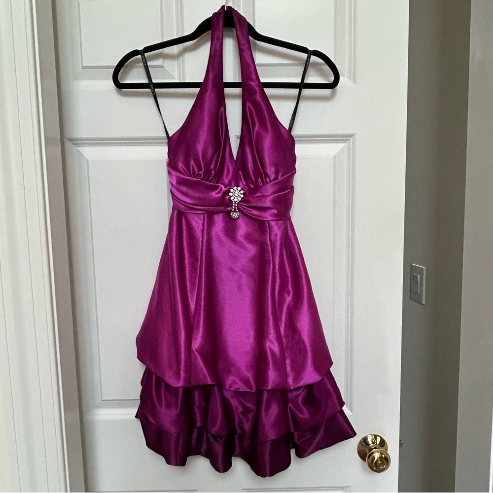 B Darlin Vibrant Fuschia Ruched Draped Satin Halter Dress Size 9/10 Medium